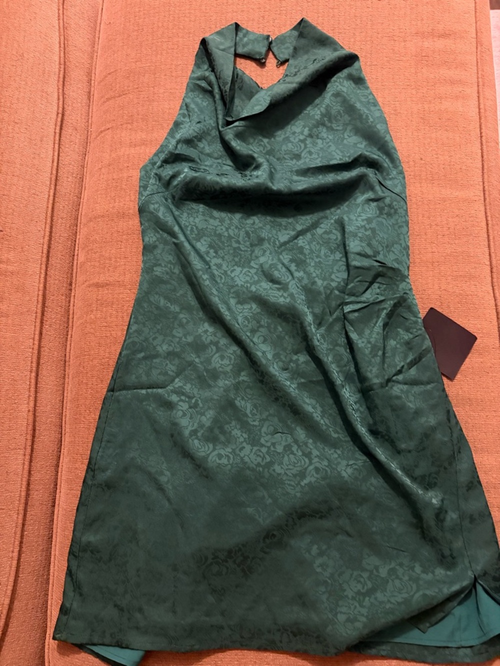 Lulu's Deep Green Jacquard Halter Dress